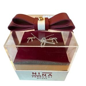 Nina Ricci Silver-Plated Cubic Zirconia Bow Necklace &‎ Stud Earrings Set